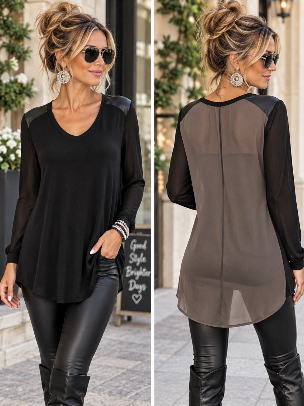 Massimo Black Sheer Back Tunic Top Faux Leather Shoulder Size M